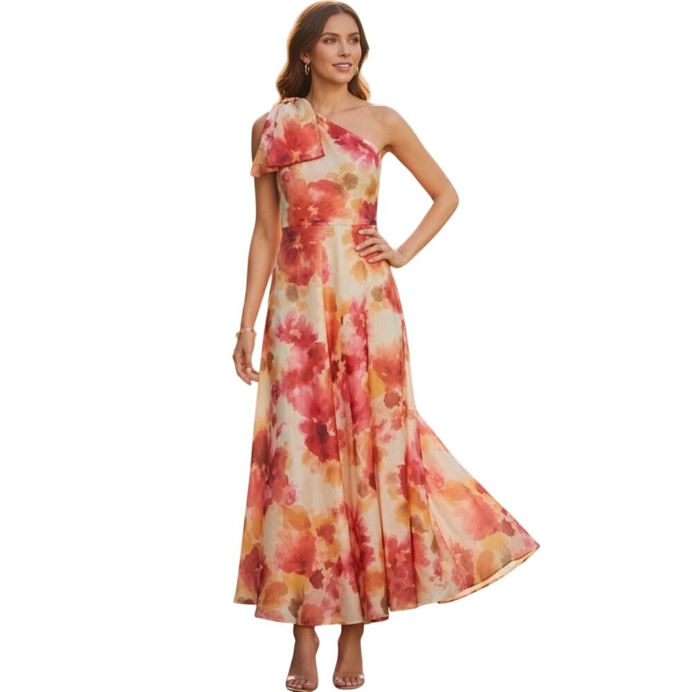 Alex Marie Lilah Floral One Shoulder Sleeveless Printed Chiffon Gown Elegant 14